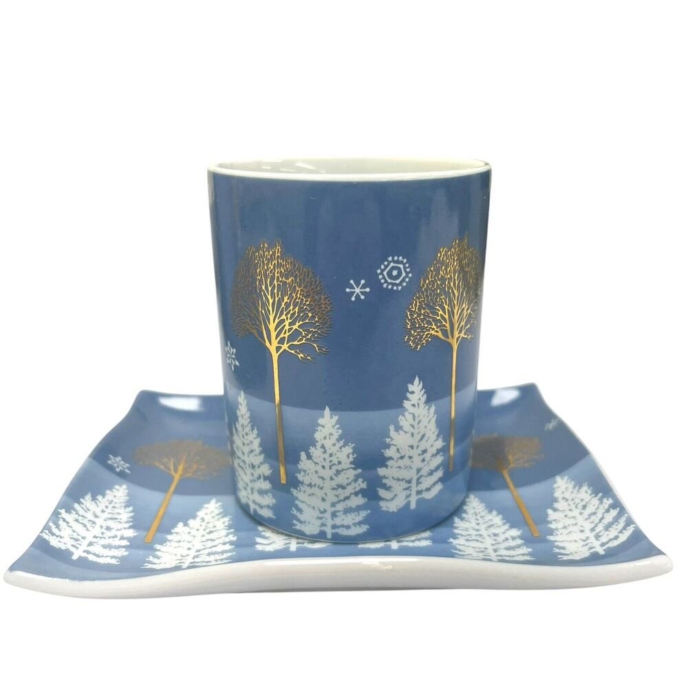 Vintage Andre‎ Richard Blue Christmas Cup & Plate Set Snow Gold Trees Japan